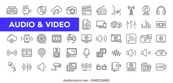 Conjunto de iconos de audio y vídeo con trazo editable. Colección de iconos de línea fina de música y vídeo. Ilustración de vector