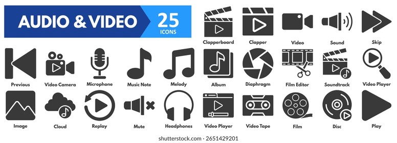 Conjunto de ícones de Áudio e Vídeo. com ícones de reprodutor de vídeo, fita, filme, disco, tocar, clapperboard, clapper, vídeo, som, pular, anterior, câmera, microfone, nota de música, melodia, álbum, diafragma