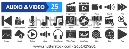 Audio and Video icon set. with icons of video player, tape, film, disc, play, clapperboard, clapper, video, sound, skip, previous, camera, microphone, music note, melody, album, diaphragm