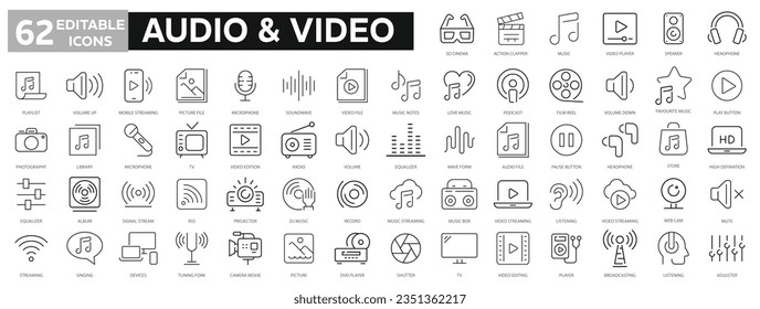 Conjunto de iconos de audio y vídeo. Conjunto de colección de iconos de línea. Música, cine, archivo, canción, película y más. Iconos vectoriales simples. Ilustración del vector