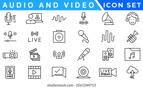 Audio Video icon set. Line icon collection set. Music, Cinema, File, Song, Movie and more. Simple vector icons. Vector illustration