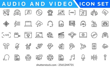 Audio Video icon set. Line icon collection set. Music, Cinema, File, Song, Movie and more. Simple vector icons. Vector illustration