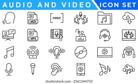 Audio Video icon set. Line icon collection set. Music, Cinema, File, Song, Movie and more. Simple vector icons. Vector illustration