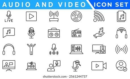 Audio Video icon set. Line icon collection set. Music, Cinema, File, Song, Movie and more. Simple vector icons. Vector illustration