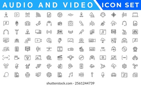 Audio Video icon set. Line icon collection set. Music, Cinema, File, Song, Movie and more. Simple vector icons. Vector illustration