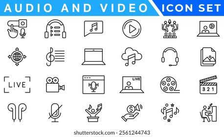 Audio Video icon set. Line icon collection set. Music, Cinema, File, Song, Movie and more. Simple vector icons. Vector illustration