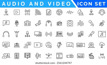 Audio Video icon set. Line icon collection set. Music, Cinema, File, Song, Movie and more. Simple vector icons. Vector illustration