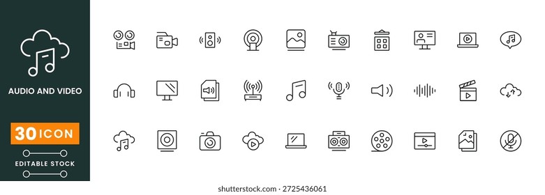 Conjunto de ícones de áudio e vídeo, som multimídia e símbolos de media player, ícones de reprodução de música, design vetorial plano moderno