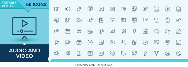 Audio And Video icon set. Related to pictogram, technology, multimedia, outline, computer, sign, icon, media. Pixel perfect. Vector icons editable stroke.