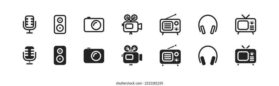 Audio and video icon set in retro style. Microphone, speaker, headphones, camera, radio, videocamera, TV signs. Multimedia symbols. Vector illustration. 