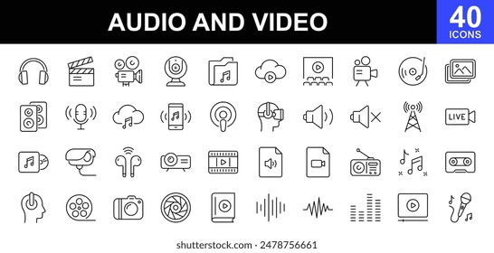 Audio- und Video-Symbolsatz. Symbole für dünne Linien werden gesetzt. Enthält Symbole wie Multimediasymbole, Sound- und Musikinstrumente, Audio- und Video-Elemente und mehr. Vektorillustration