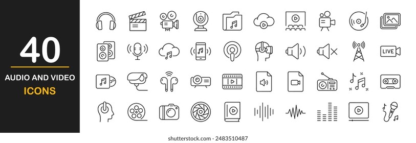 Audio- und Video-Symbolsatz. Symbole für dünne Linien werden gesetzt. Enthält Symbole wie Multimediasymbole, Sound- und Musikinstrumente, Audio- und Video-Elemente und mehr. Vektorillustration