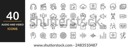 Audio and video icon set. Thin line icons set. Contains such icons as multimedia symbols, sound and music instruments, audio and video items and more. Vector illustration