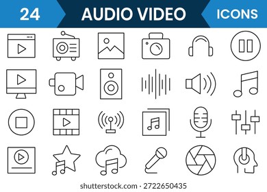 Audio and video icon. Thin line icons of Audio and video. Music icons set. Contains such icons as multimedia symbols, audio and video items, sound and music instruments and more. Vector illustration.