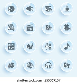 Audio video icons with buttons on blue background.