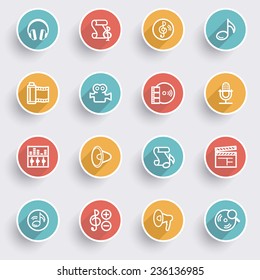 Audio video icons with color buttons on gray background.