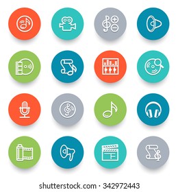 Audio video icons with color buttons. Flat design.