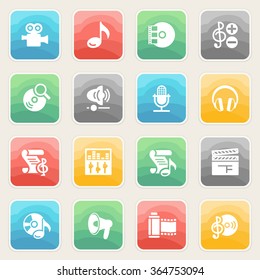 Audio video icons with color buttons on gray background.