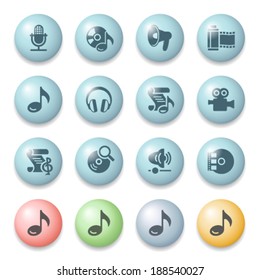 Audio video icons on color buttons.