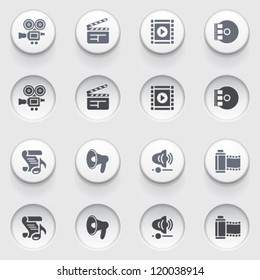 Audio Video Icons On White Buttons. Set 2.