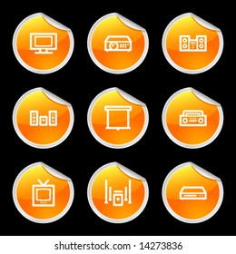 Audio and video icons, orange circle sticker series