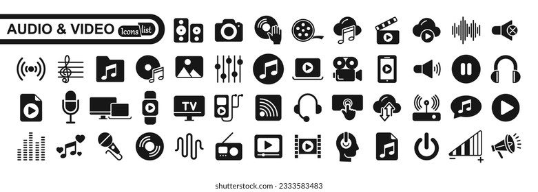  Audio Video Icons Pack. Flat icon collection set. Simple vector icons