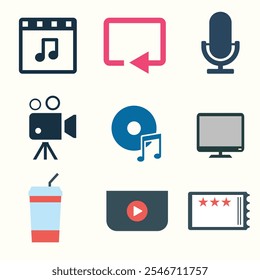 Audio Video Icons Pack. Flat icon collection set. Simple vector icon. Movies and Filmmaking Icon Set