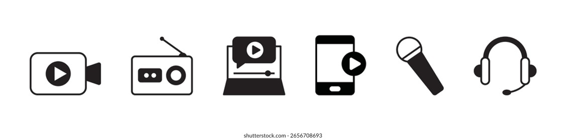 Audio Video Icons Pack. Set mit flachen Symbolen. Einfache Vektorsymbole