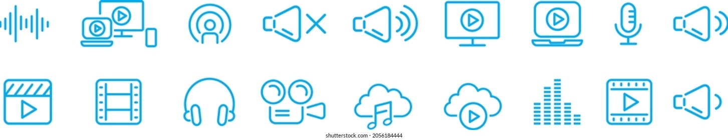 Paquete de iconos de vídeo de audio. Iconos de línea delgada configurados. Conjunto de colección de iconos plano. Iconos vectoriales simples