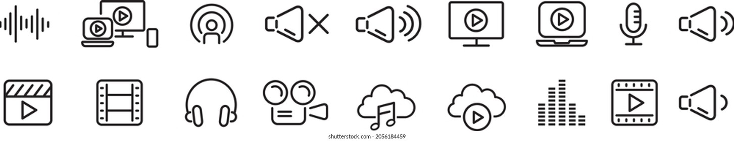 Audio Video Icons Pack. Thin line icons set. Flat icon collection set. Simple vector icons