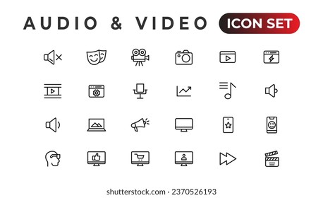 Audio Video Icons Pack. Thin line icons set. Flat icon collection set. Simple vector icons
