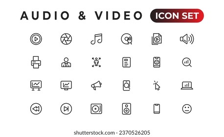 Audio Video Icons Pack. Thin line icons set. Flat icon collection set. Simple vector icons
