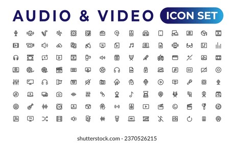 Paquete de iconos de vídeo de audio. Iconos de línea delgada configurados. Conjunto de colección de iconos plano. Iconos vectoriales simples
