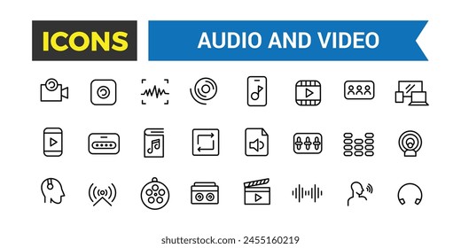 Audio and Video Icons Pack, Thin Line Icons Set, Flat Icon Collection Set, Simple Vector Icons, Vector Illustration