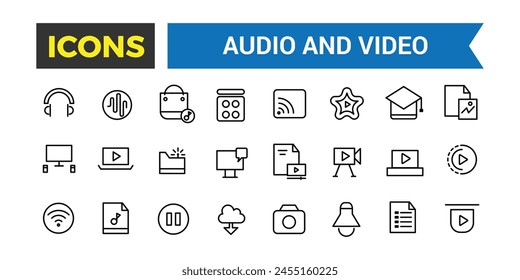 Audio and Video Icons Pack, Thin Line Icons Set, Flat Icon Collection Set, Simple Vector Icons, Vector Illustration