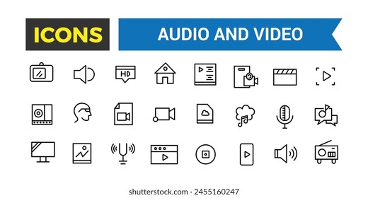 Audio und Video Icons Pack, Thin Line Icons Set, Flat Icon Kollektion Set, Simple Vector Icons, Vektorillustration