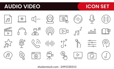 Audio Video Icons Pack. Thin line icons set. Flat icon collection set. Simple outline icons.