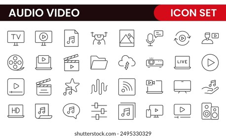 Audio Video Icons Pack. Symbole für dünne Linien werden gesetzt. Kollektion für Flachsymbol festgelegt. Einfache Gliederungssymbole.