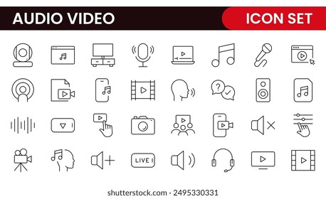 Audio Video Icons Pack. Thin line icons set. Flat icon collection set. Simple outline icons.