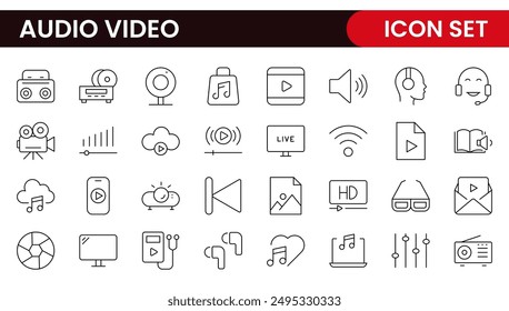 Audio Video Icons Pack. Thin line icons set. Flat icon collection set. Simple outline icons.