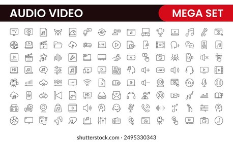 Video Audio Conjunto de iconos de línea fina. Conjunto de colección de iconos planos. Iconos de contorno simples.
