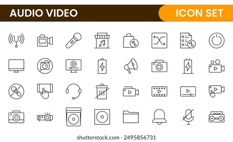 Video Paquete de iconos de audio. Conjunto de iconos de línea delgada. Conjunto de colección de icono plano. Iconos de contorno simples.