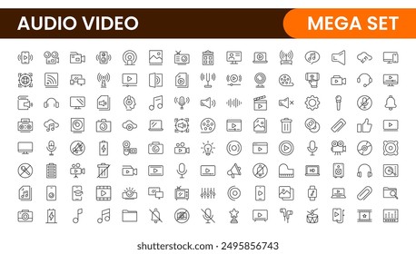 Video Paquete de iconos de audio. Conjunto de iconos de línea delgada. Conjunto de colección de icono plano. Iconos de contorno simples.