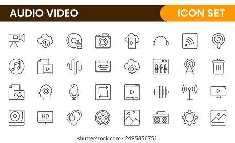 Audio Video Icons Pack. Thin line icons set. Flat icon collection set. Simple outline icons.