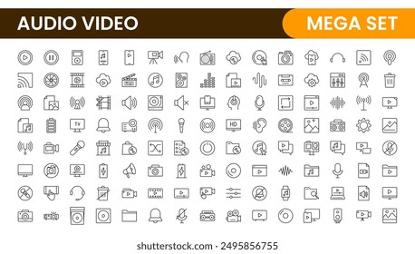 Audio Video Icons Pack. Thin line icons set. Flat icon collection set. Simple outline icons.