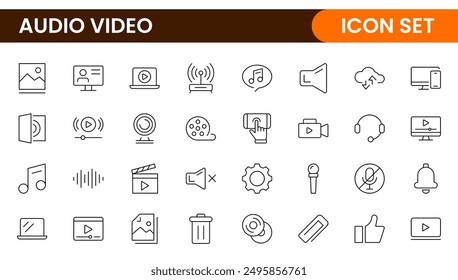 Video Paquete de iconos de audio. Conjunto de iconos de línea delgada. Conjunto de colección de icono plano. Iconos de contorno simples.
