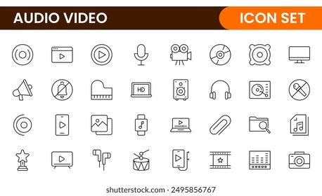 Video Paquete de iconos de audio. Conjunto de iconos de línea delgada. Conjunto de colección de icono plano. Iconos de contorno simples.