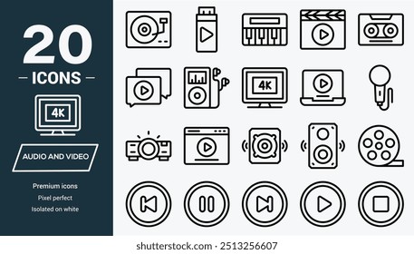 Video Paquete de iconos de audio. Conjunto de iconos de línea delgada. Conjunto de colección de icono plano. Iconos de contorno simples.