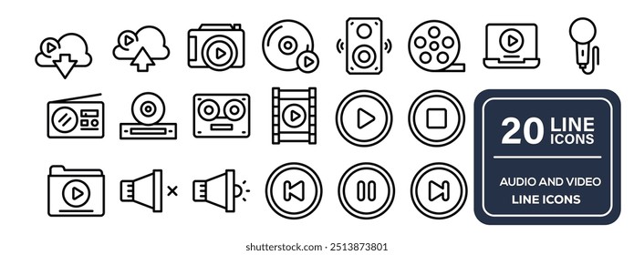 Video Paquete de iconos de audio. Conjunto de iconos de línea delgada. Conjunto de colección de icono plano. Iconos de contorno simples.