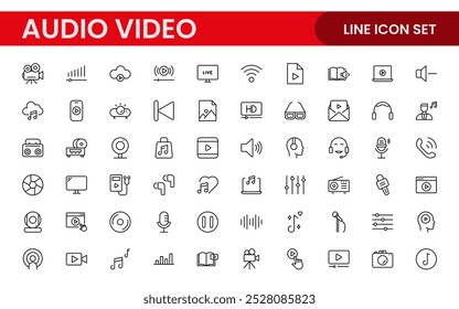 Video Paquete de iconos de audio. Conjunto de iconos de línea delgada. Conjunto de colección de icono plano. Iconos de contorno simples.